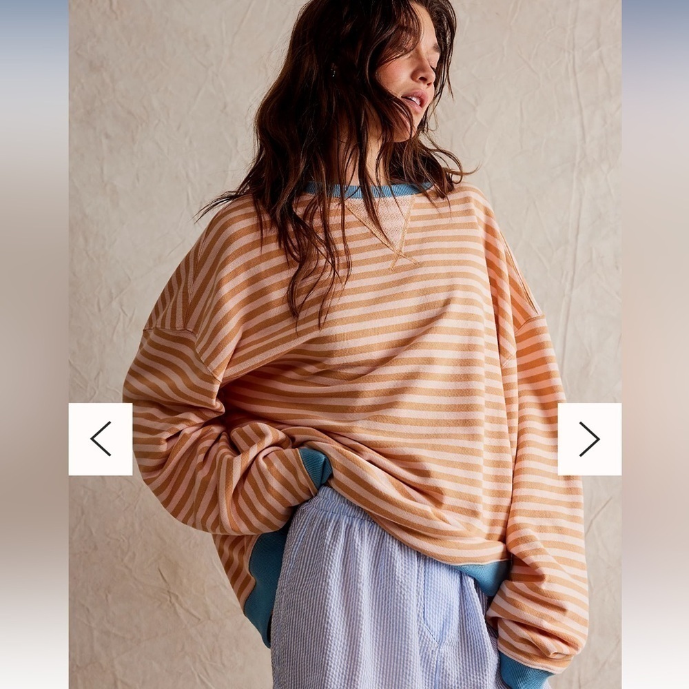We The Free Classic Striped Oversized Crewneck Color: Latte Combo Large NWT